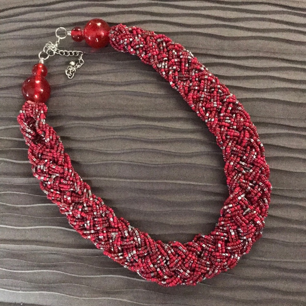 Red Beaded Braid Statement Necklace Silver Tone 1… - image 1